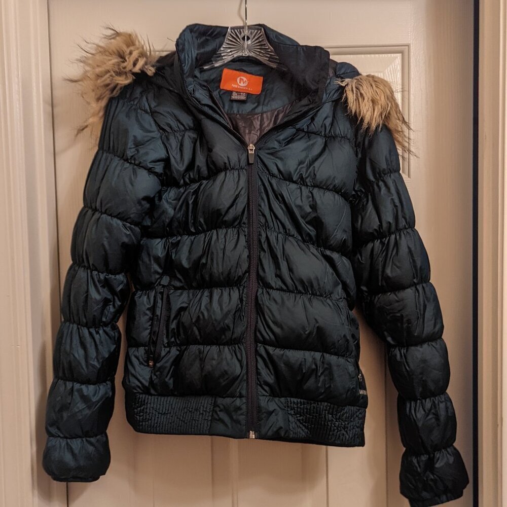 Merrell Faux Fur Puffer M Green Fitted Ski Jacket Zip Off Hood Xmas Gift EXC EUC